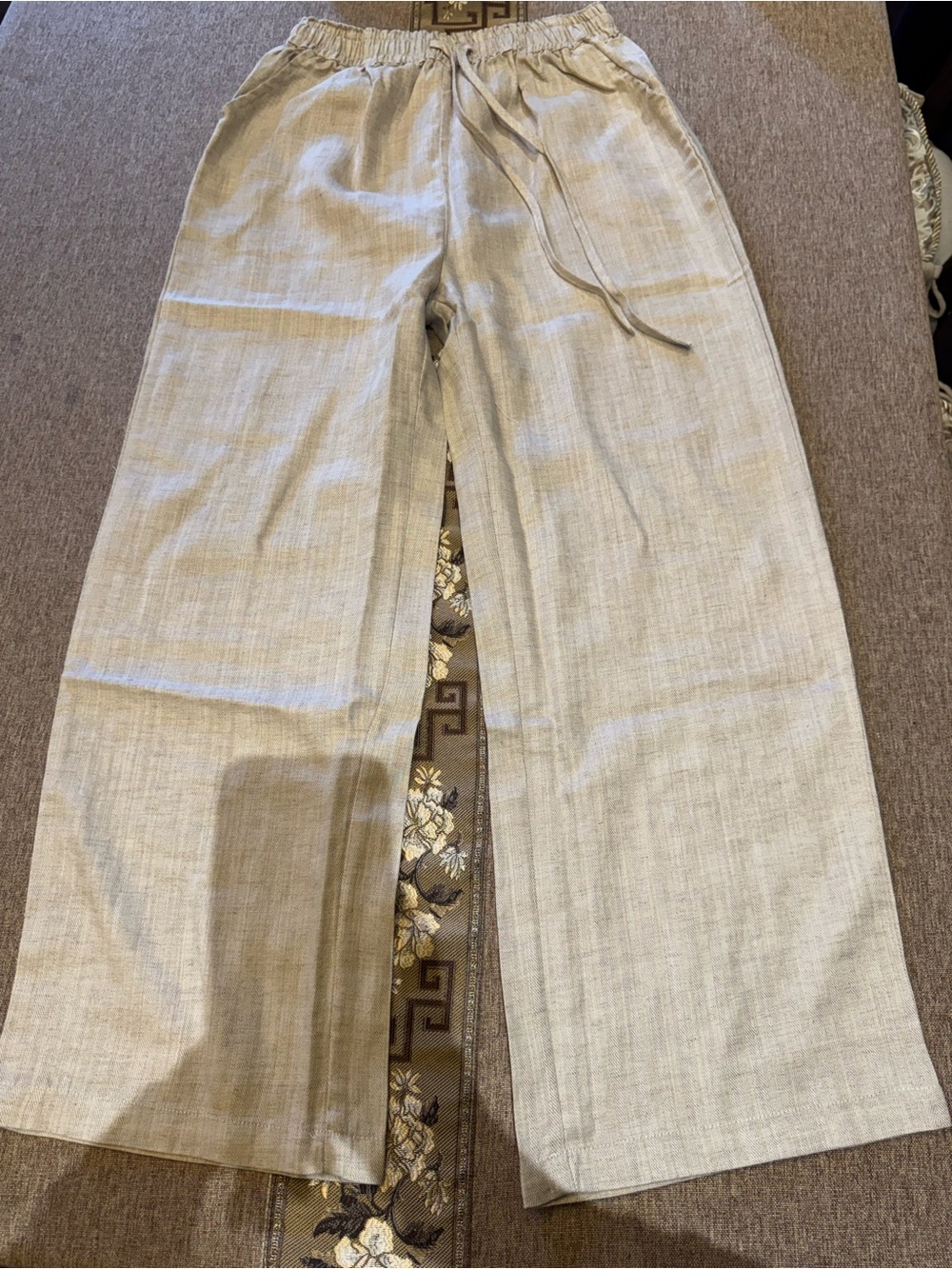 Casual Linen-Blend Drawstring Pants - Beige